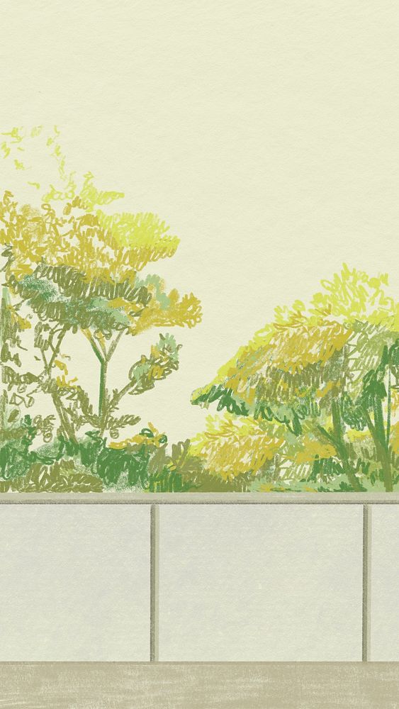 Green bushes mobile wallpaper psd color pencil illustration