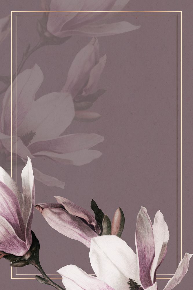 Gold frame psd with magnolia border on purple background