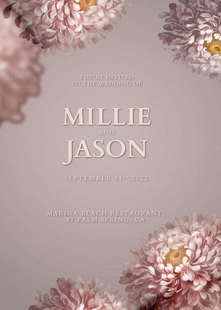 Floral invitation card template vector for wedding ceremony