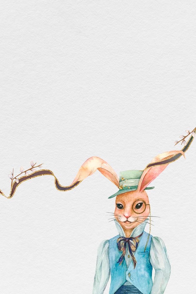 Easter bunny background dressed in vintage vest watercolor illustration
