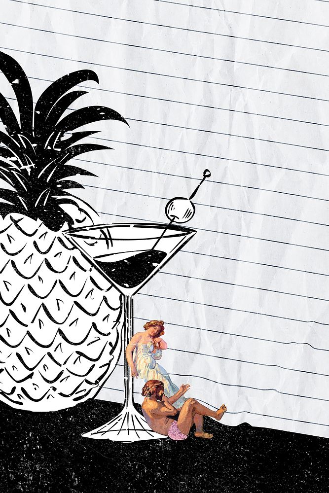 Paper background psd with vintage people and tropical fruit mixed media, remixed from artworks by Maurice Denis