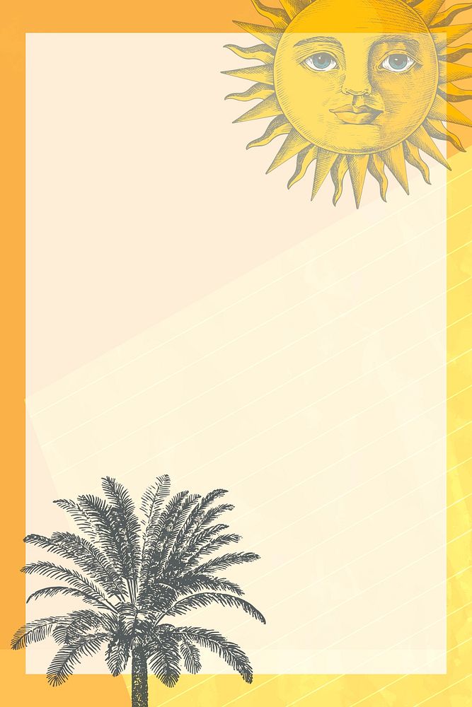 Frame psd with sun and palm tree mixed media, remixed from public domain artworks