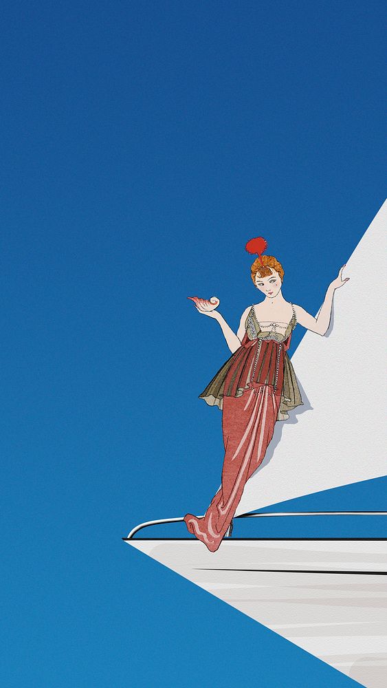Vintage woman background psd on sailing boat, remixed from artworks by George Barbier