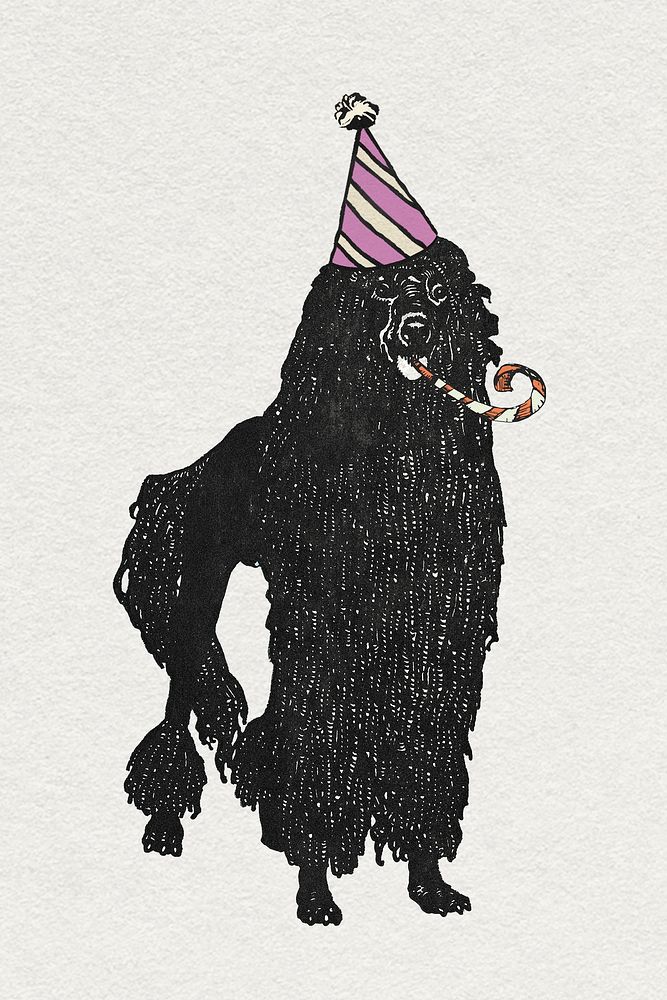 Poodle dog graphic vintage birthday theme illustration, remixed from artworks by Moriz Jung