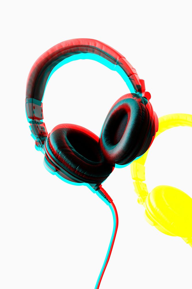 Black headphones in double color exposure effect