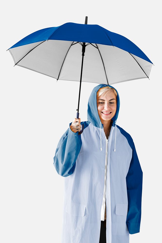 Woman in blue raincoat and umbrella for rainy season apparel