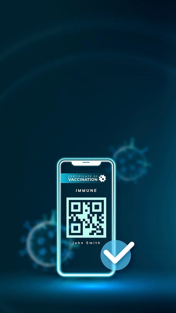 Covid-19 digital vaccine certificate with QR code border background in blue