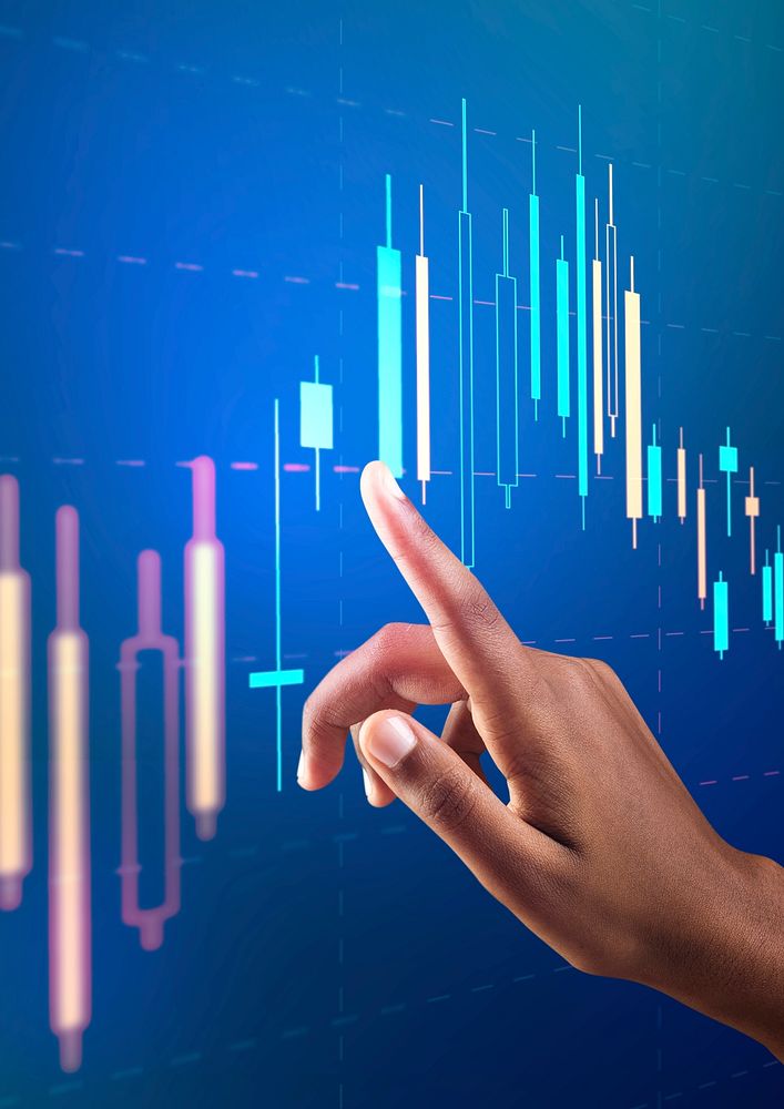Stock market chart psd on virtual screen with woman&rsquo;s hand digital remix