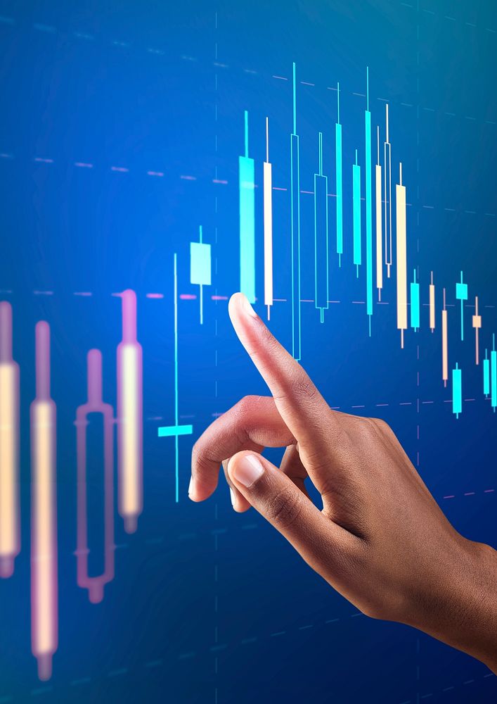 Stock market chart psd on virtual screen with woman’s hand digital remix