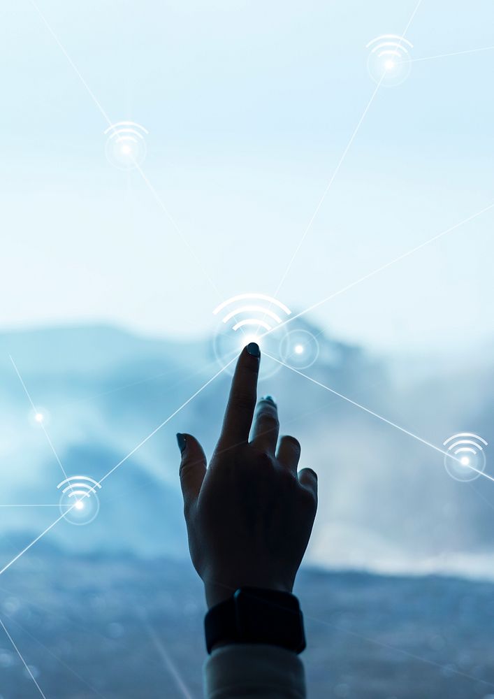 Digital communication technology background with hand touching virtual screen digital remix