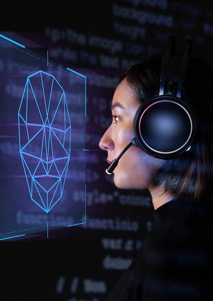 Biometric technology psd with facial scanning system on virtual screen digital remix