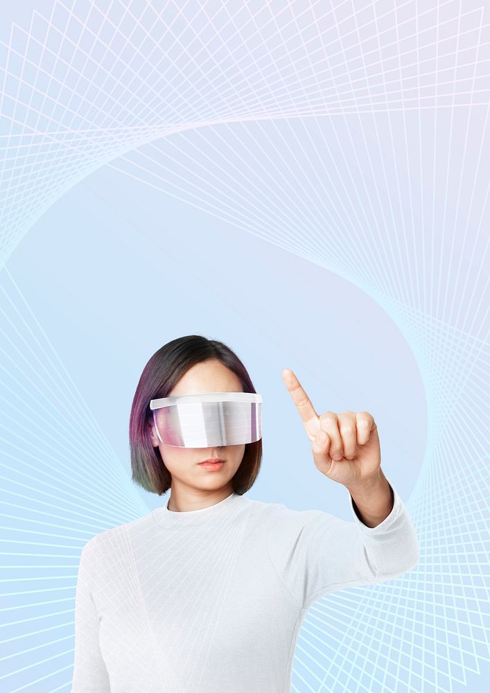 Technology background psd with woman wearing smart glasses in blue tone