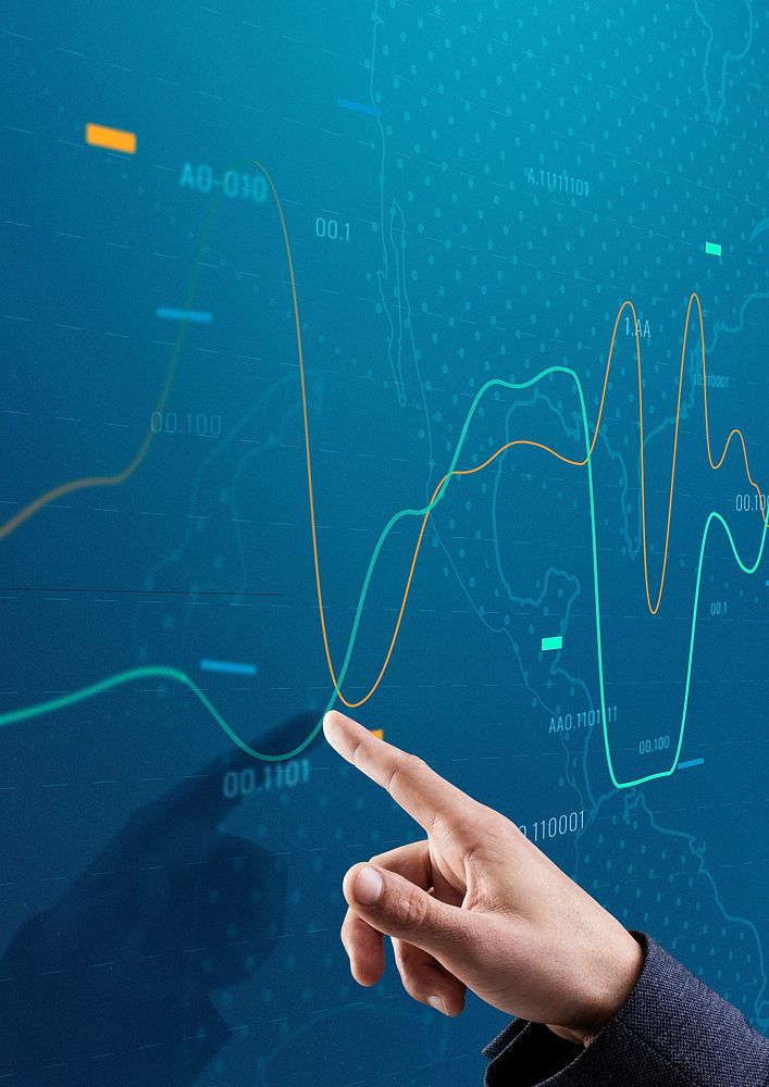 Technology background psd with hand pointing at global stock chart