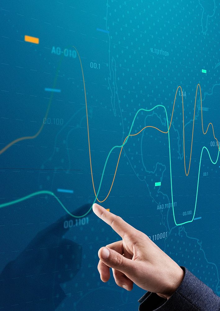 Hand pointing at global stock chart technology background