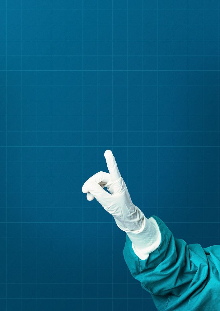 Hand in medical glove psd mockup showing index finger medical technology