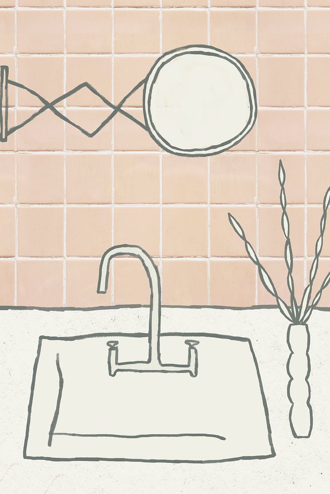 Bathroom sink doodle psd with pink tiled wall home interior illustration