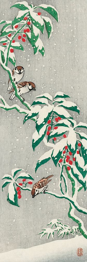 Sparrows on snowy berry bush (ca. 1900&ndash;1945) by Ohara Koson. Original from The Rijksmuseum. Digitally enhanced by…
