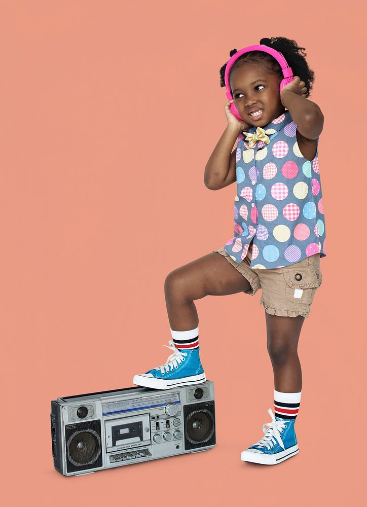 Little Girl Listening Music Headphones Radio Studio Portrait