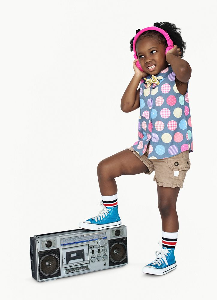 Little Girl Listening Music Headphones Radio Studio Portrait