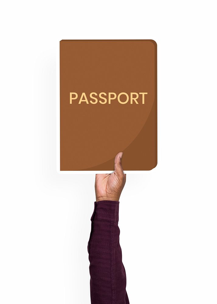 Hand holding a passport cardboard prop