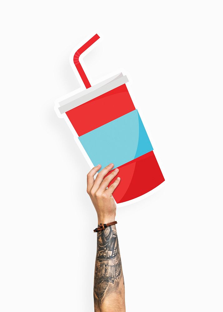 Hand holding a juice cup cardboard prop