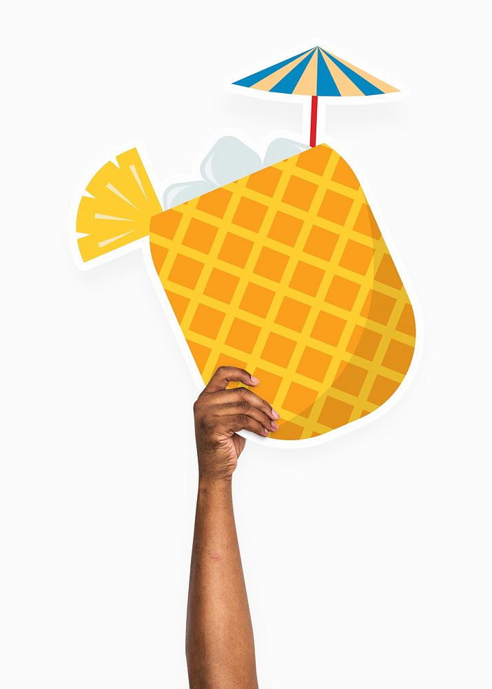 Hand holding a pineapple drink cardboard prop