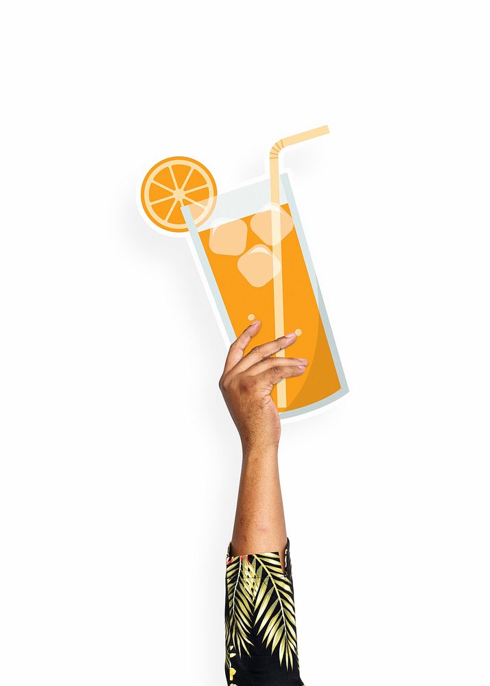 Hand holding a glass of orange juice cardboard prop