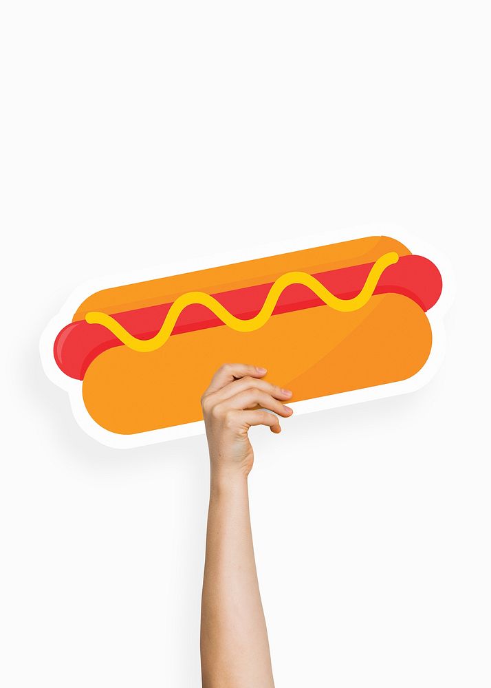 Hand holding a hotdog sandwich cardboard prop