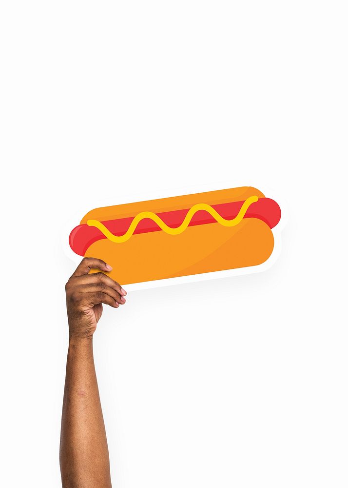 Hand holding a hotdog sandwich cardboard prop