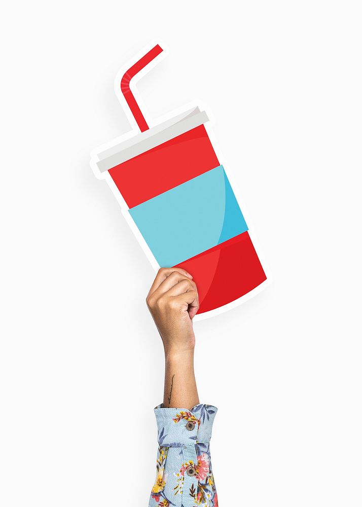 Hand holding a juice cup cardboard prop