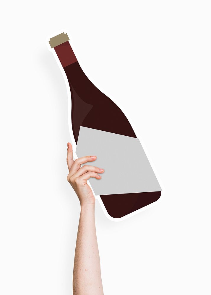 Hand holding a bottle of champagne or wine cardboard prop