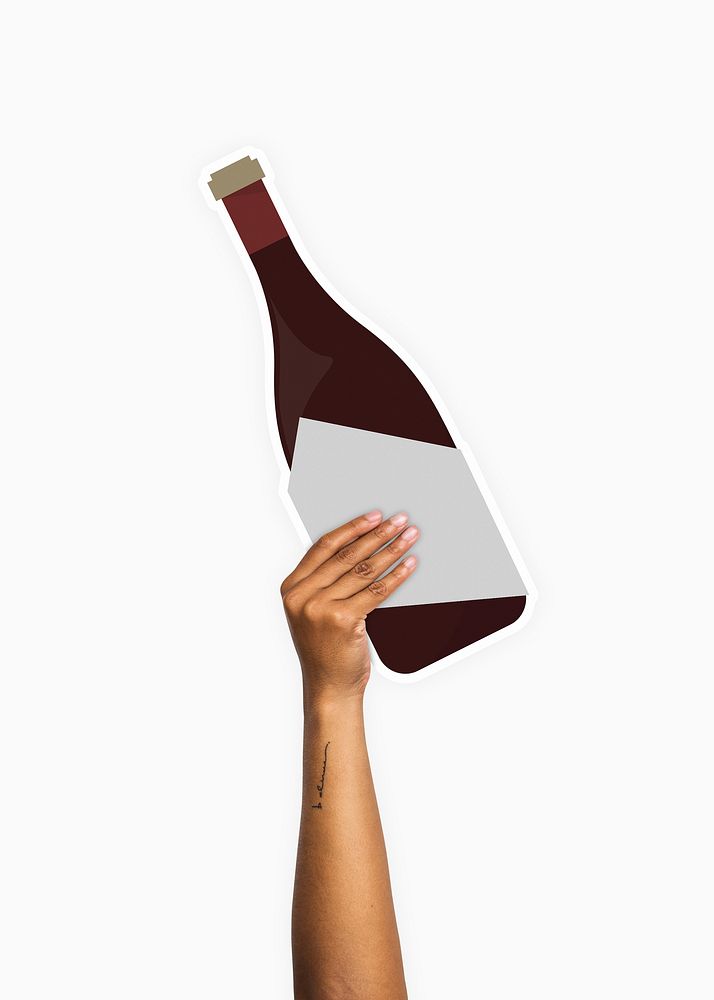 Hand holding a bottle of champagne or wine cardboard prop