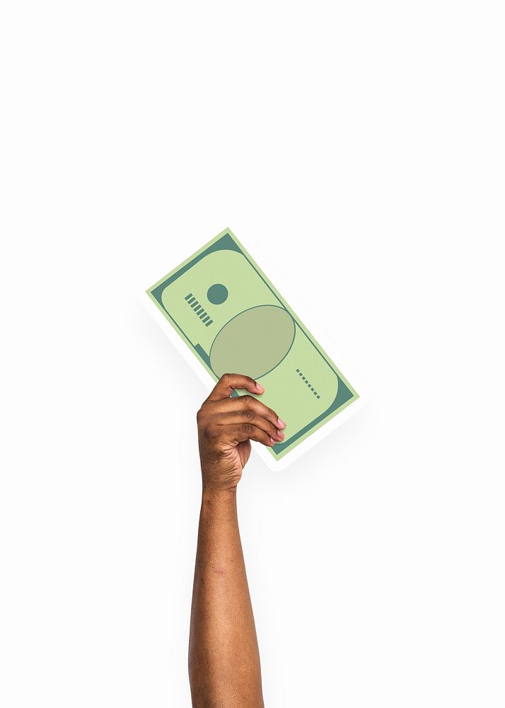 Hand holding a cash money cardboard prop