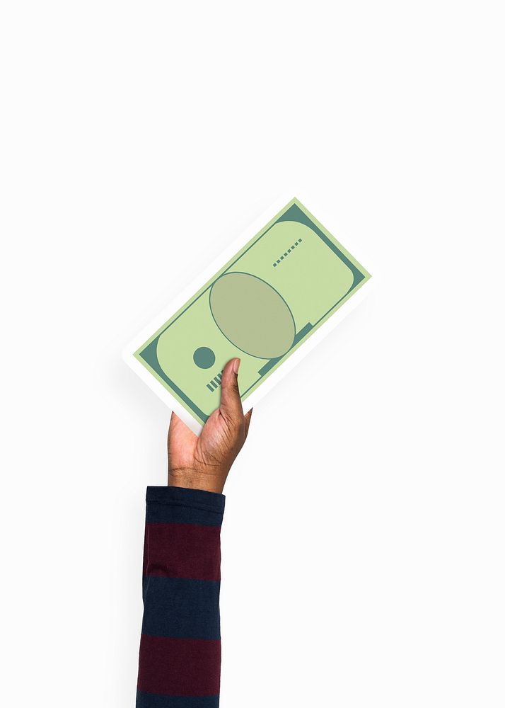 Hand holding a cash money cardboard prop