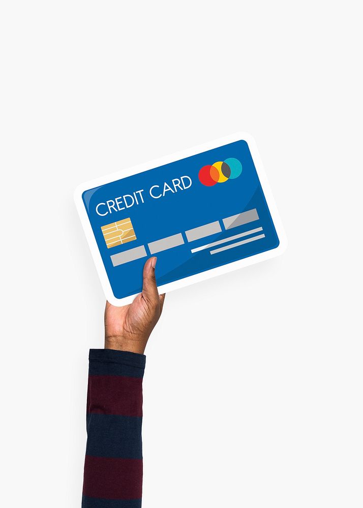 Hand holding a credit card cardboard prop