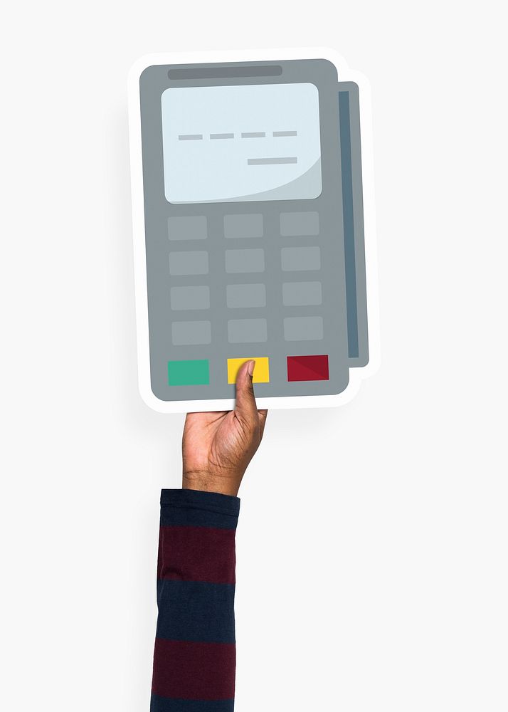 Hand holding a credit card machine cardboard prop
