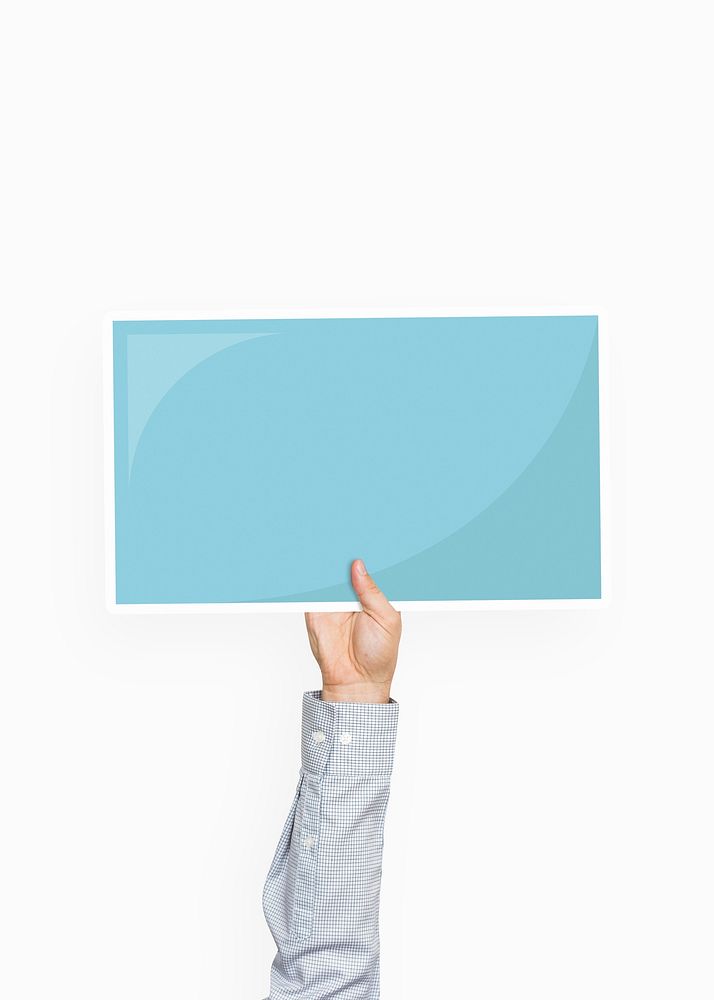 Hand holding a blue rectangle cardboard