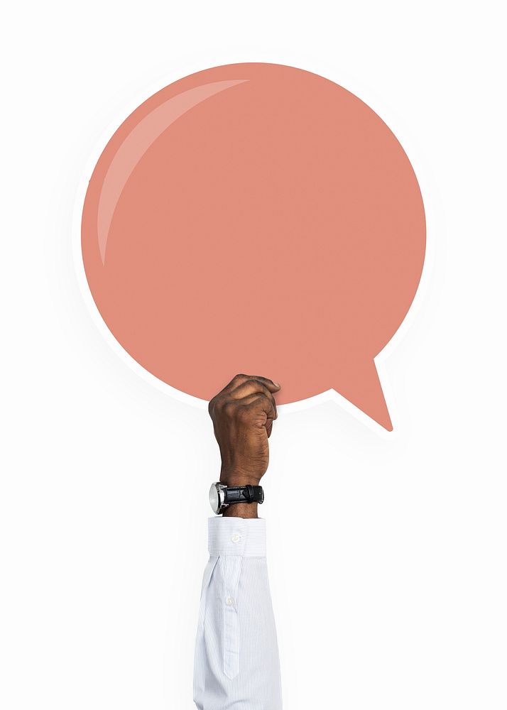 Hand holding a speech bubble graphic