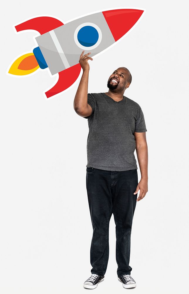 Cheerful man with launching rocket symbol