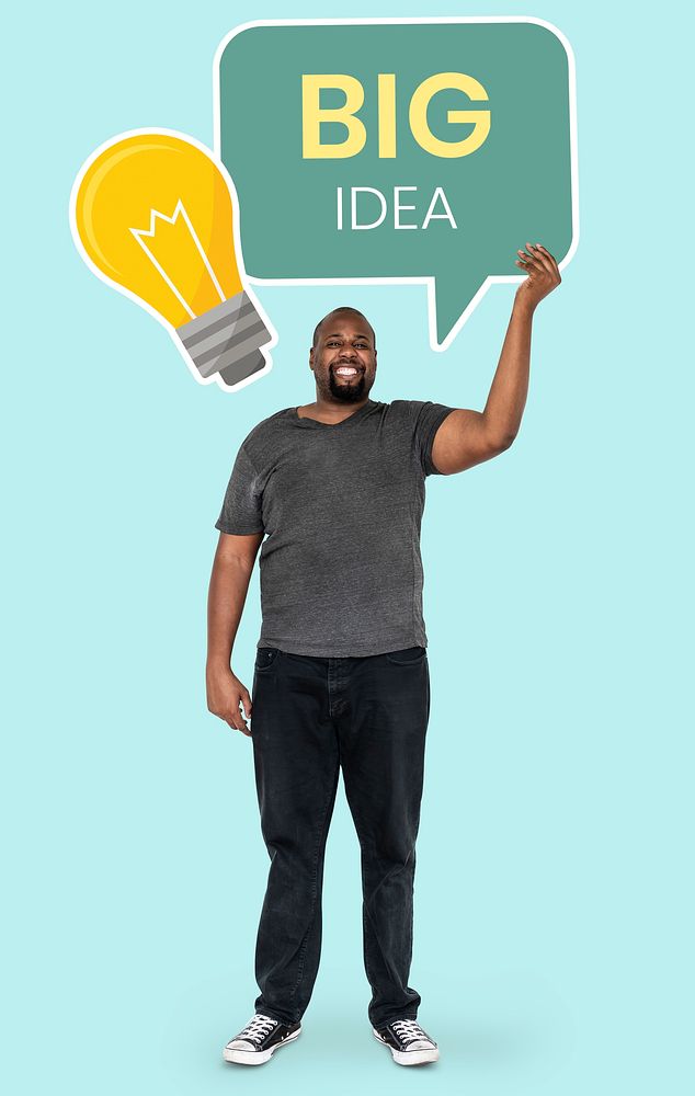 Happy man with a creative big idea concept icons