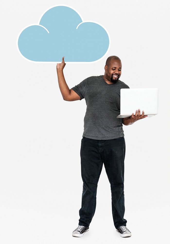Cheerful man holding online cloud storage symbols