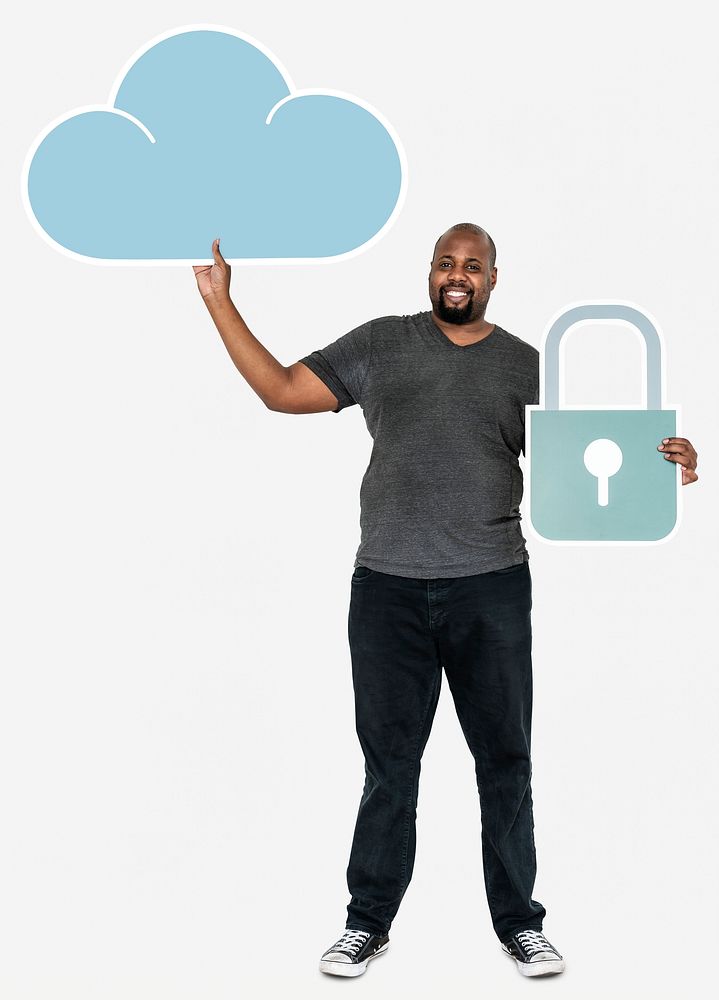 Cheerful man holding online cloud storage security symbols