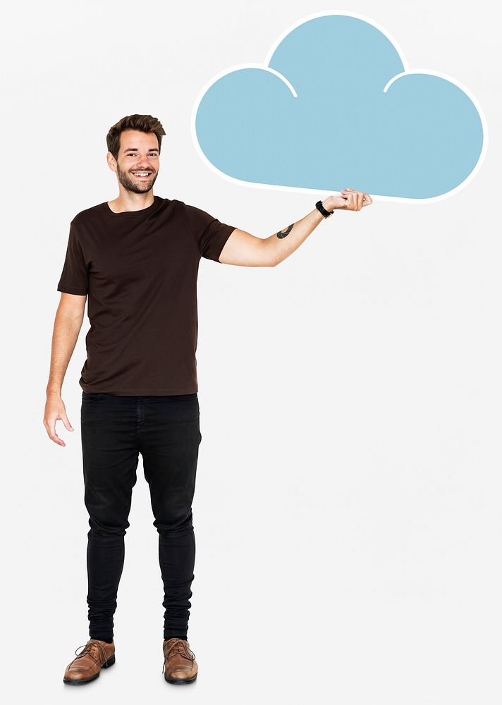 Cheerful man holding a blue cloud symbol