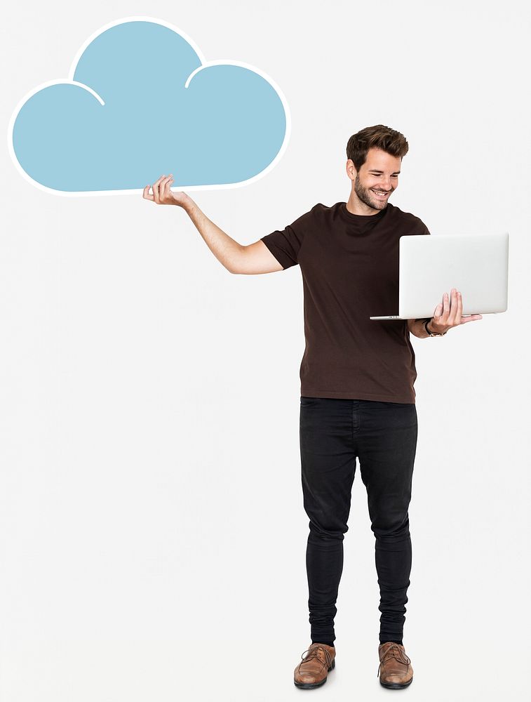 Cheerful man using a laptop and cloud computing concept icon
