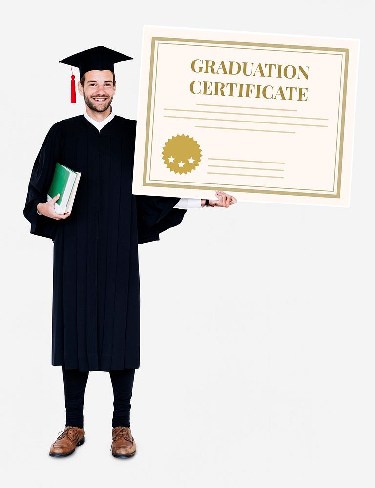 Male grad holding a graduation certificate