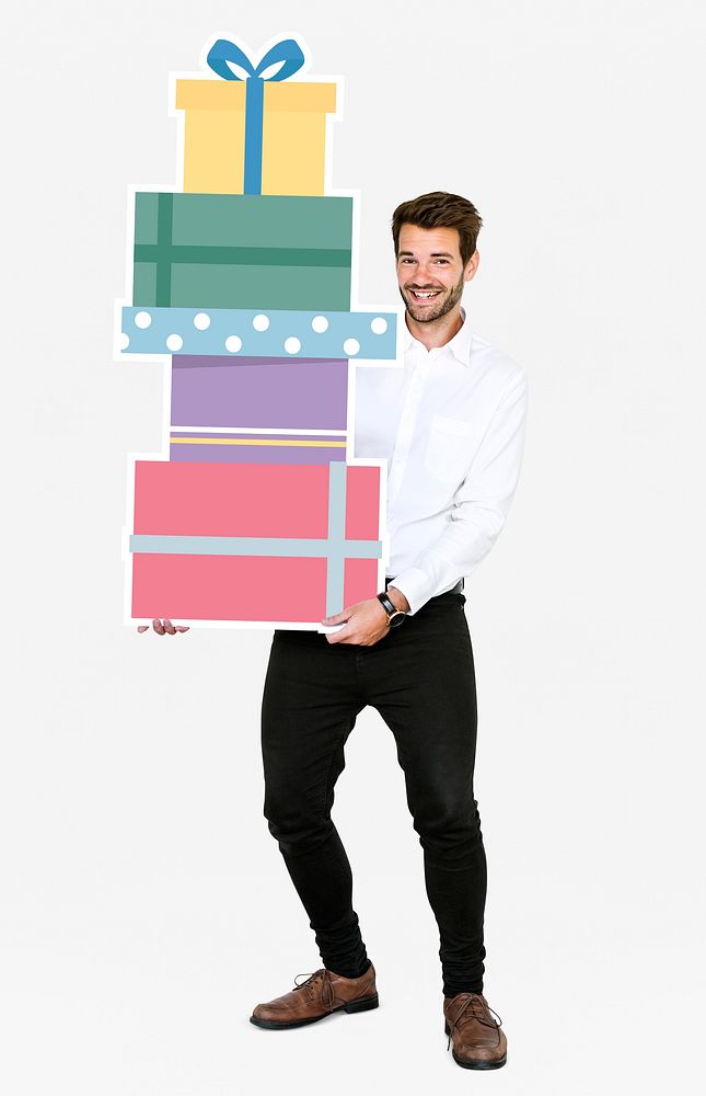 Happy man carrying a stack of presents