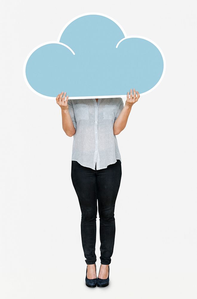 Woman holding a blue cloud symbol