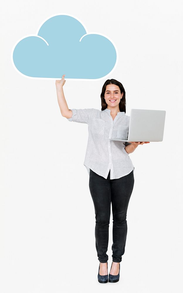 Cheerful woman using laptop and holding cloud storage icon