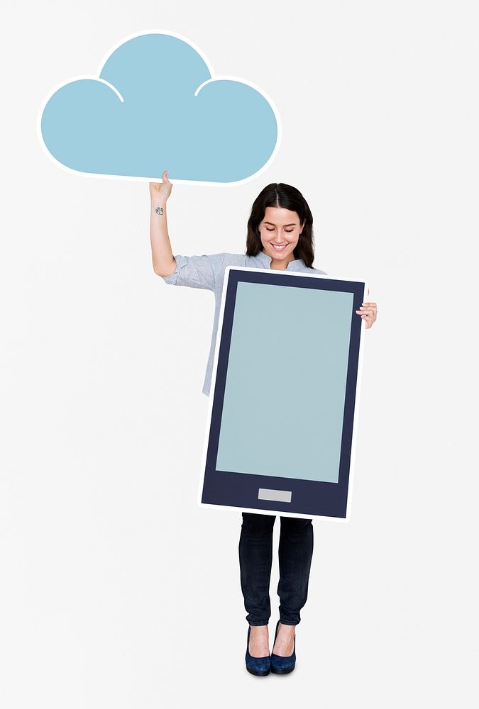 Cheerful woman holding an online cloud storage icons