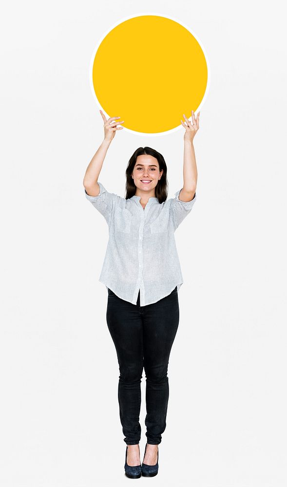 Happy woman holding an empty round board